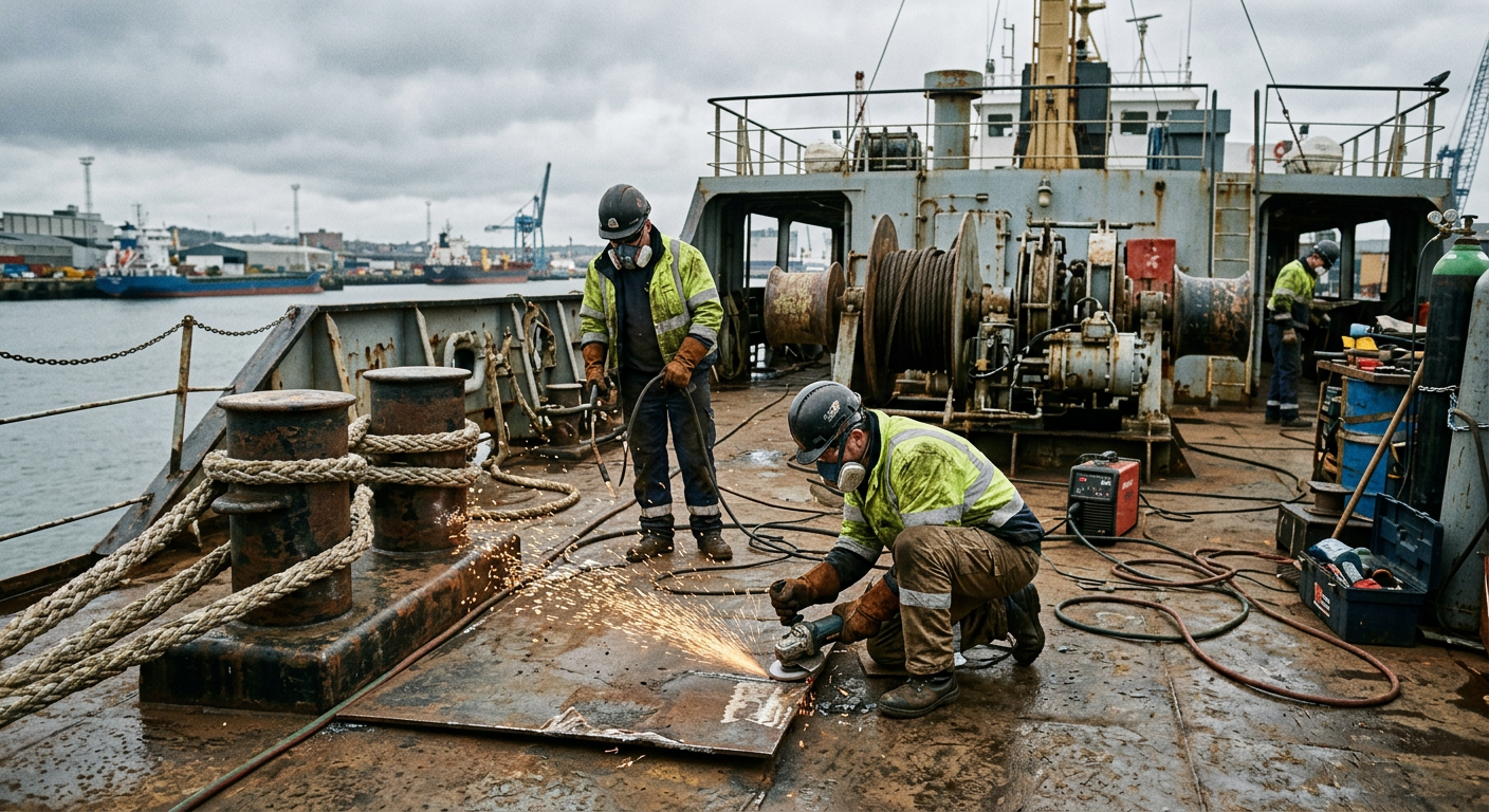 Workers carrying out steel deck works on a vessel